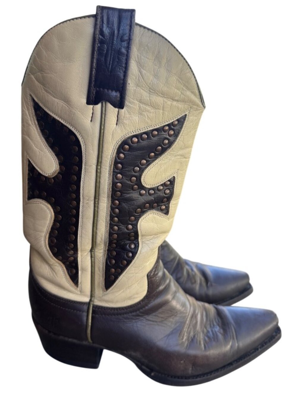 Vintage Frye Daisy Duke Leather Cowboy Boots Studded Sz 8 M Brown/Cream Leather